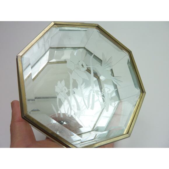 Vintage Etched Glass Brass Trinket Jewelry Box Chest Footed Hummingbirds - Picture 7 of 7